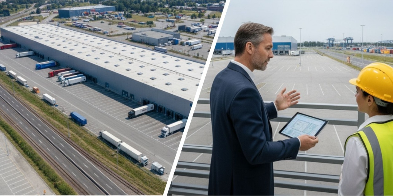 Two images combined: On the left, a drone shot of a large, modern logistics center with numerous truck docks and extensive shunting areas, surrounded by highways and railway tracks. Below, the same commercial broker and the logistics expert are looking at the extensive outdoor area of the logistics center from an elevated position, with the broker pointing to a tablet
